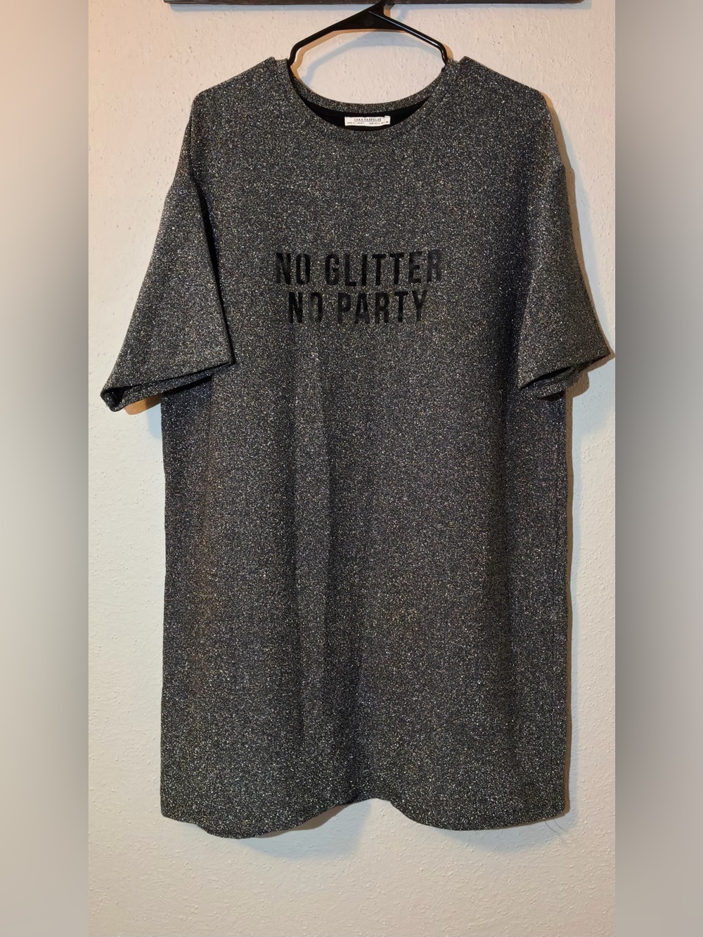 Zara Trafaluc "No Glitter No Party" Metallic Shimmer T-Shirt Dress Size L
